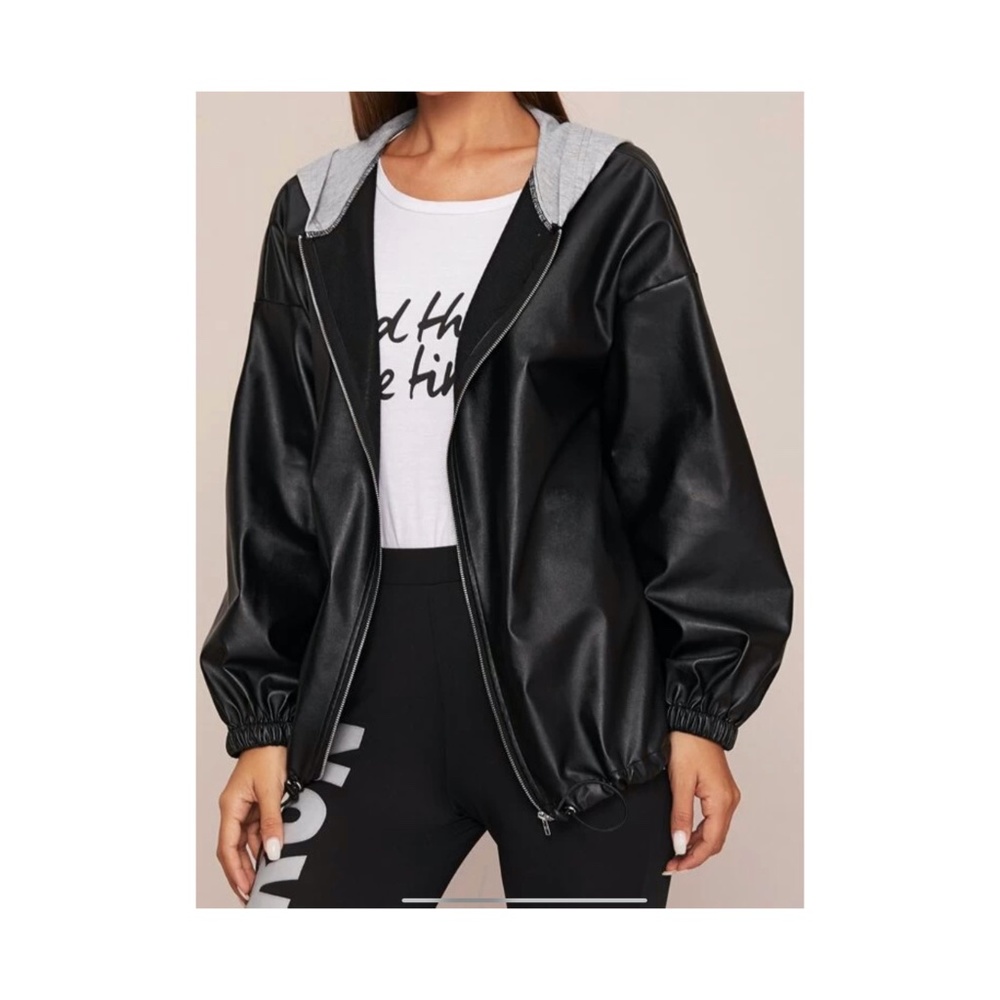 Zip Up Leather Look Hooded Jacket